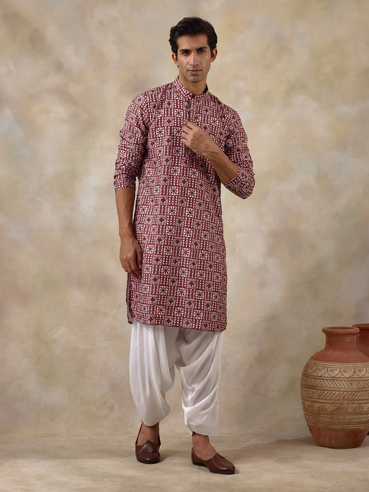 Radiant Maroon Batik Printed Men's Kurta