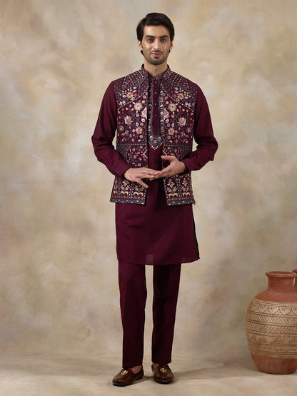 Deep Wine Floral Embroidered Men's Kurta Set with Long Jacket