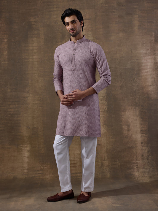 Lavish Lavender Chikankari Men's Kurta with Pants