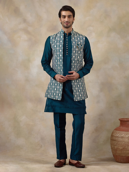 Elegant Turquoise Embroidered Men's Kurta Set with Long Jacket