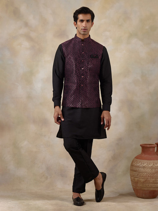 Wine Black Embroidered Men's Kurta Set