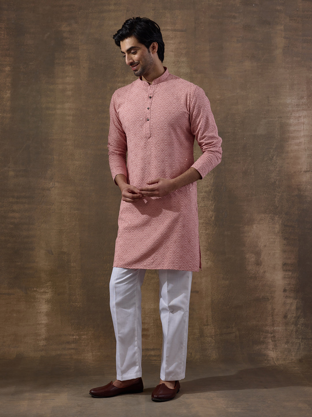 Pastel Pink Chikankari Men's Kurta with Pants