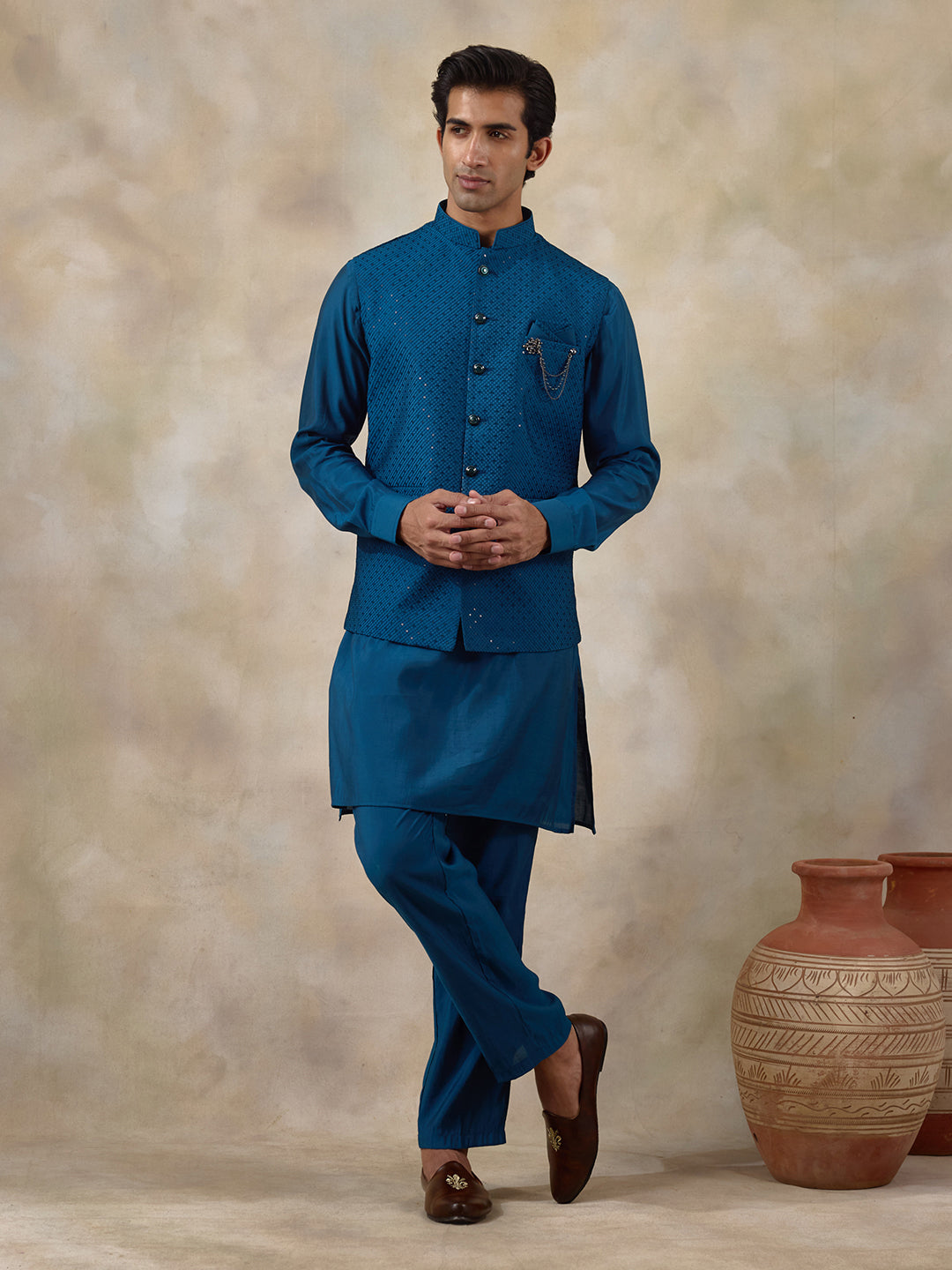 Azure Blue Sequinned Men's Kurta Set