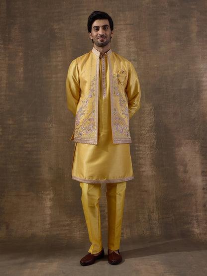 Sunshine Yellow Elephant Motifs Embroidered Kurta Set with Long Jacket