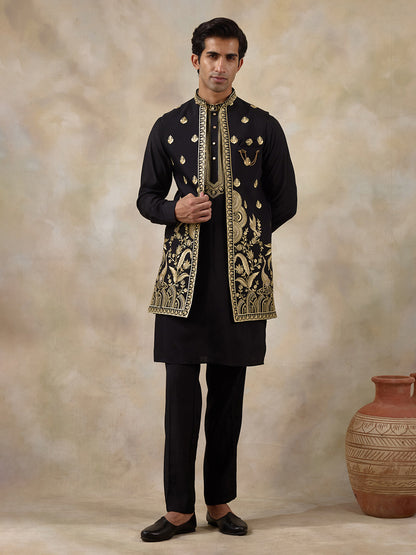 Royal Black Aari Embroidered Men's Kurta Set with Long Jacket