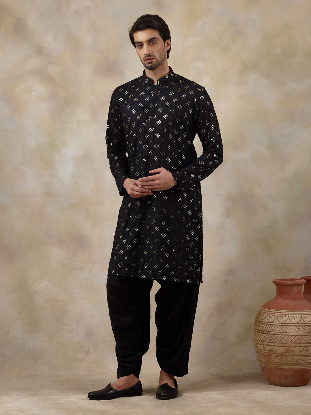 Regal Black Embellished Men's Kurta