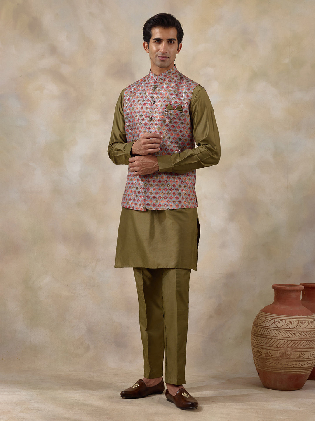 Mehendi Multicolour Patterned Men's Kurta Set