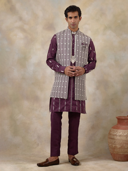 Purple Chikankari Embroidered Men's Kurta Set with Long Jacket