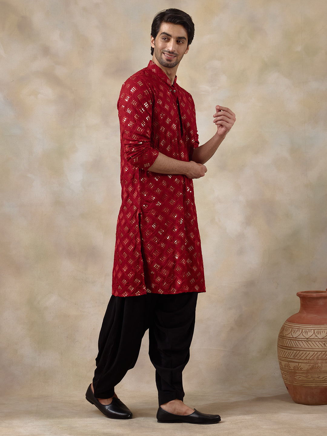 Regal Red Embellished Men's Kurta