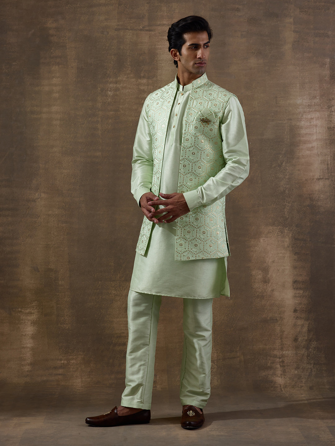 Light Green Geometric Sequinned Men's Kurta Set with Long Jacket