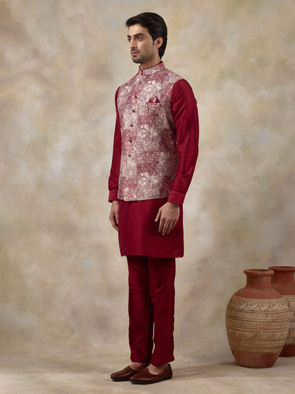 Bloody Red Patterned Men's Kurta Set