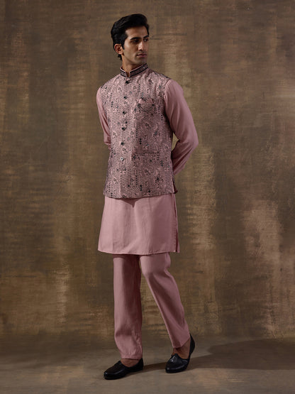 Peach Black Embroidered Men's Kurta Set