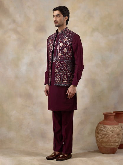 Deep Wine Floral Embroidered Men's Kurta Set with Long Jacket