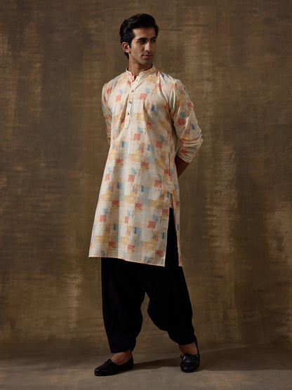 Light Yellow Abstract Printed Men's Kurta