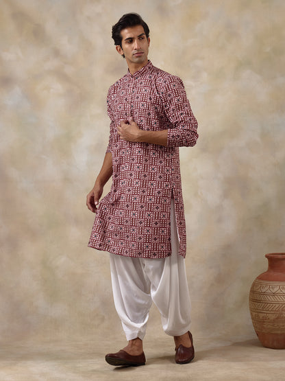 Radiant Maroon Batik Printed Men's Kurta