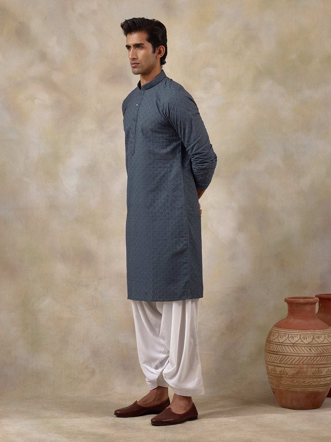 Gracious Grey Thread Work Men's Kurta with Pants