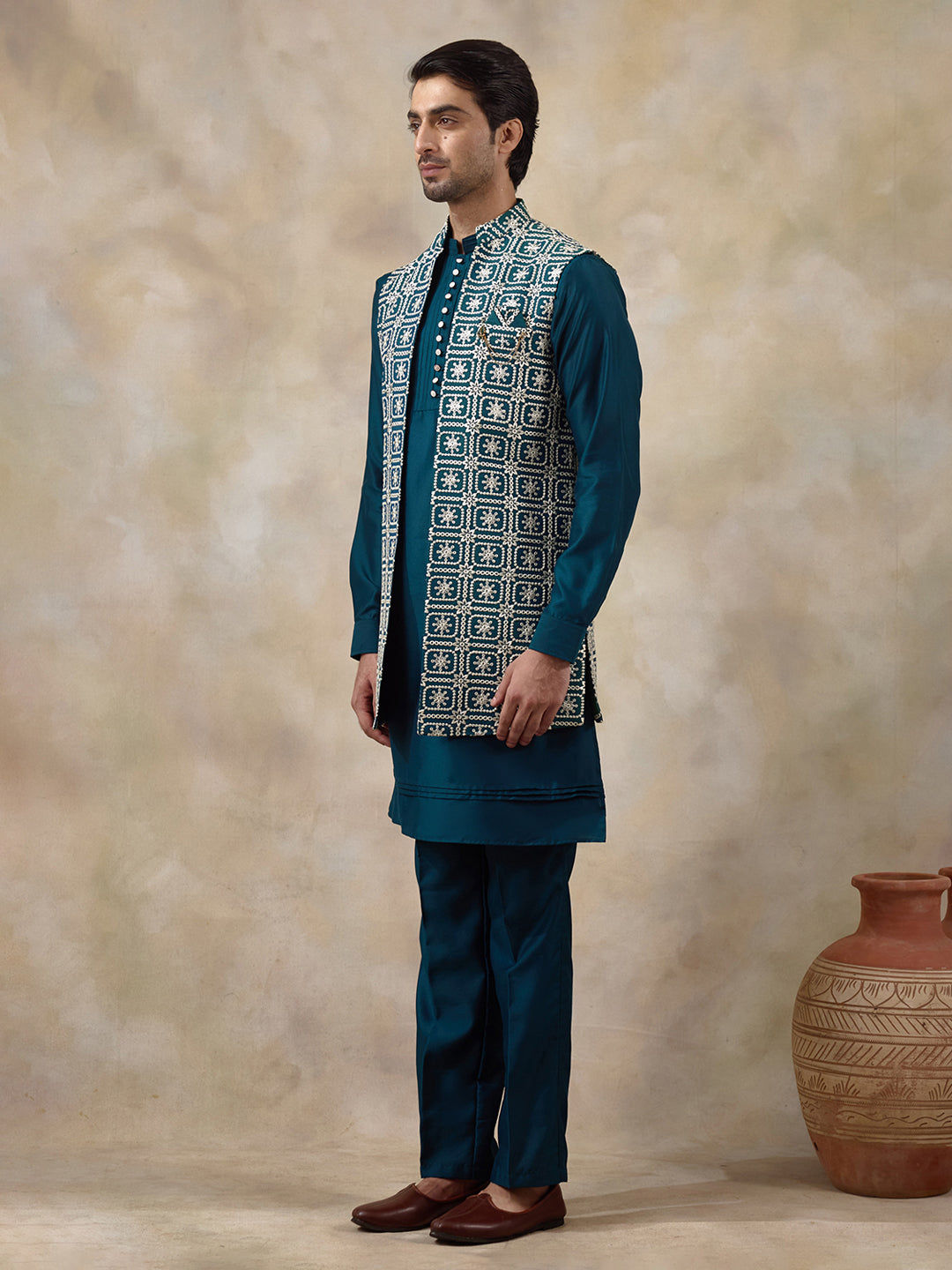 Elegant Turquoise Embroidered Men's Kurta Set with Long Jacket