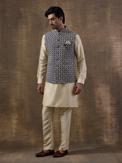 Traditional Motifs Beige Embroidered Men's Kurta Set