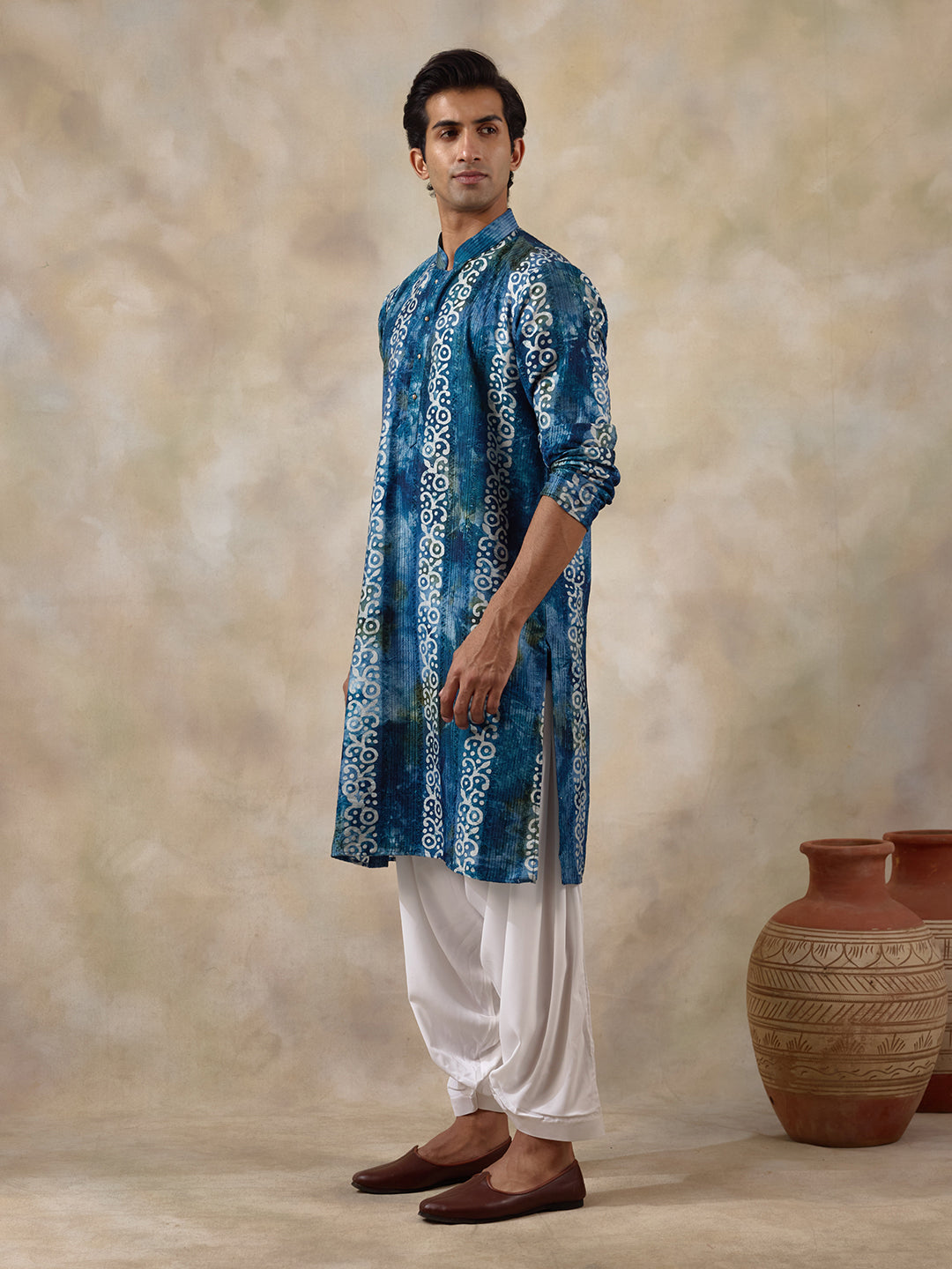 Vibrant Blue Batik Printed Men's Kurta