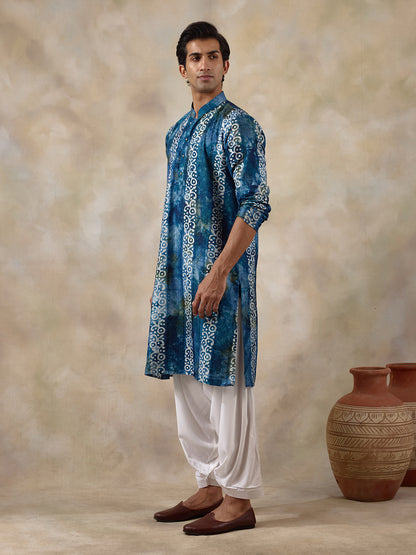 Vibrant Blue Batik Printed Men's Kurta