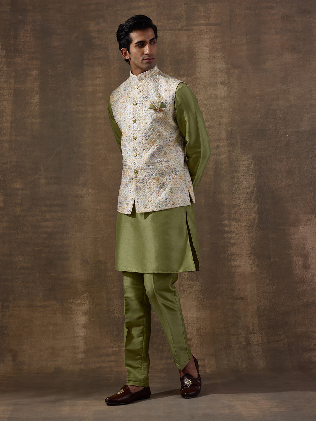 Light Olive Patterned Men's Kurta Set