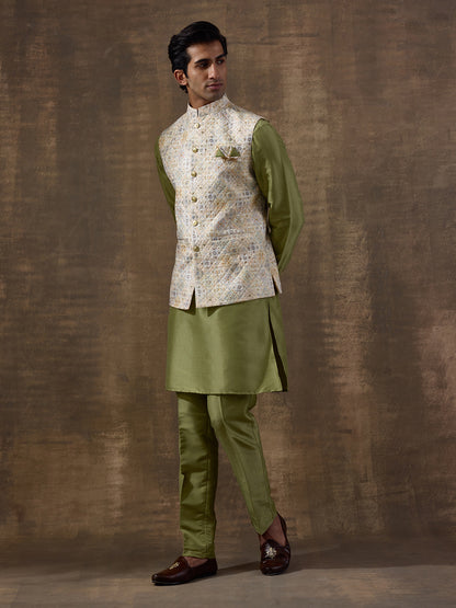 Light Olive Patterned Men's Kurta Set