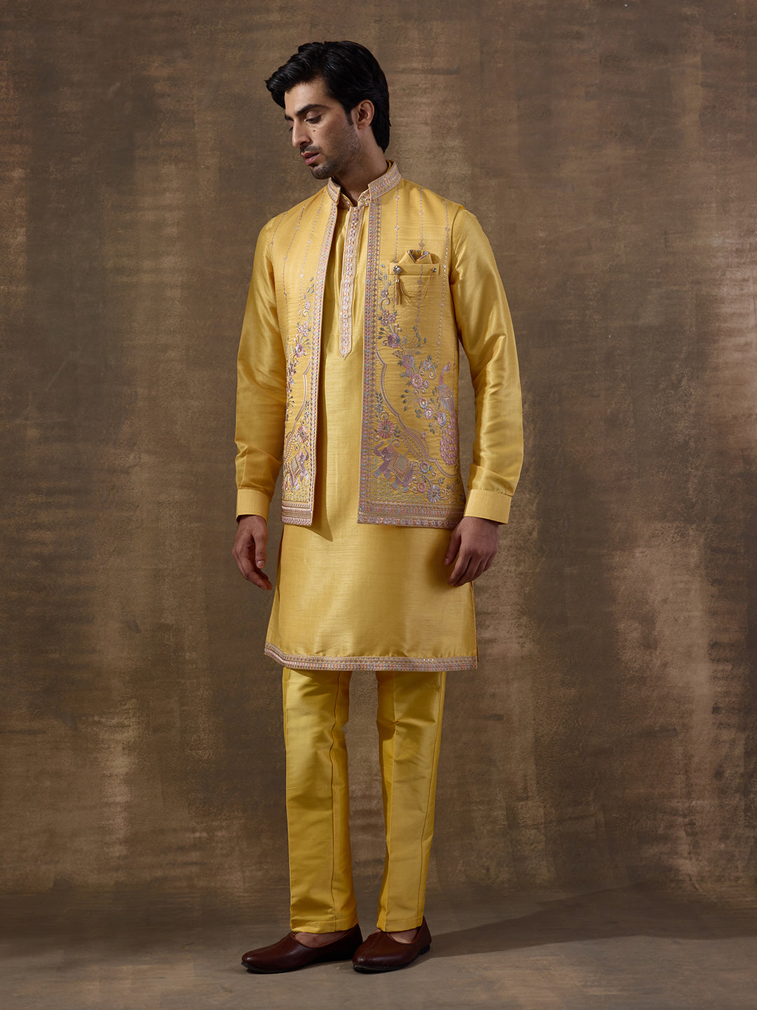 Sunshine Yellow Elephant Motifs Embroidered Kurta Set with Long Jacket