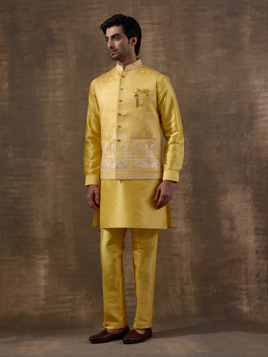 Temple Yellow Embroidered Men's Kurta Set