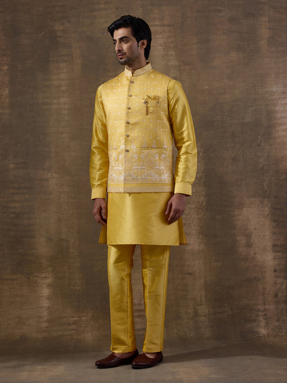 Temple Yellow Embroidered Men's Kurta Set