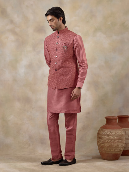 Coral Pink Embroidered Men's Kurta Set