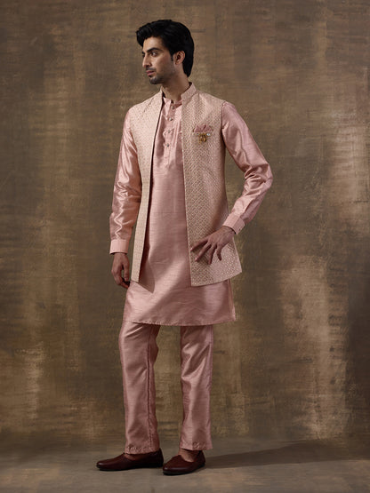 Pastel Pink Sequinned Men's Kurta Set with Long Jacket