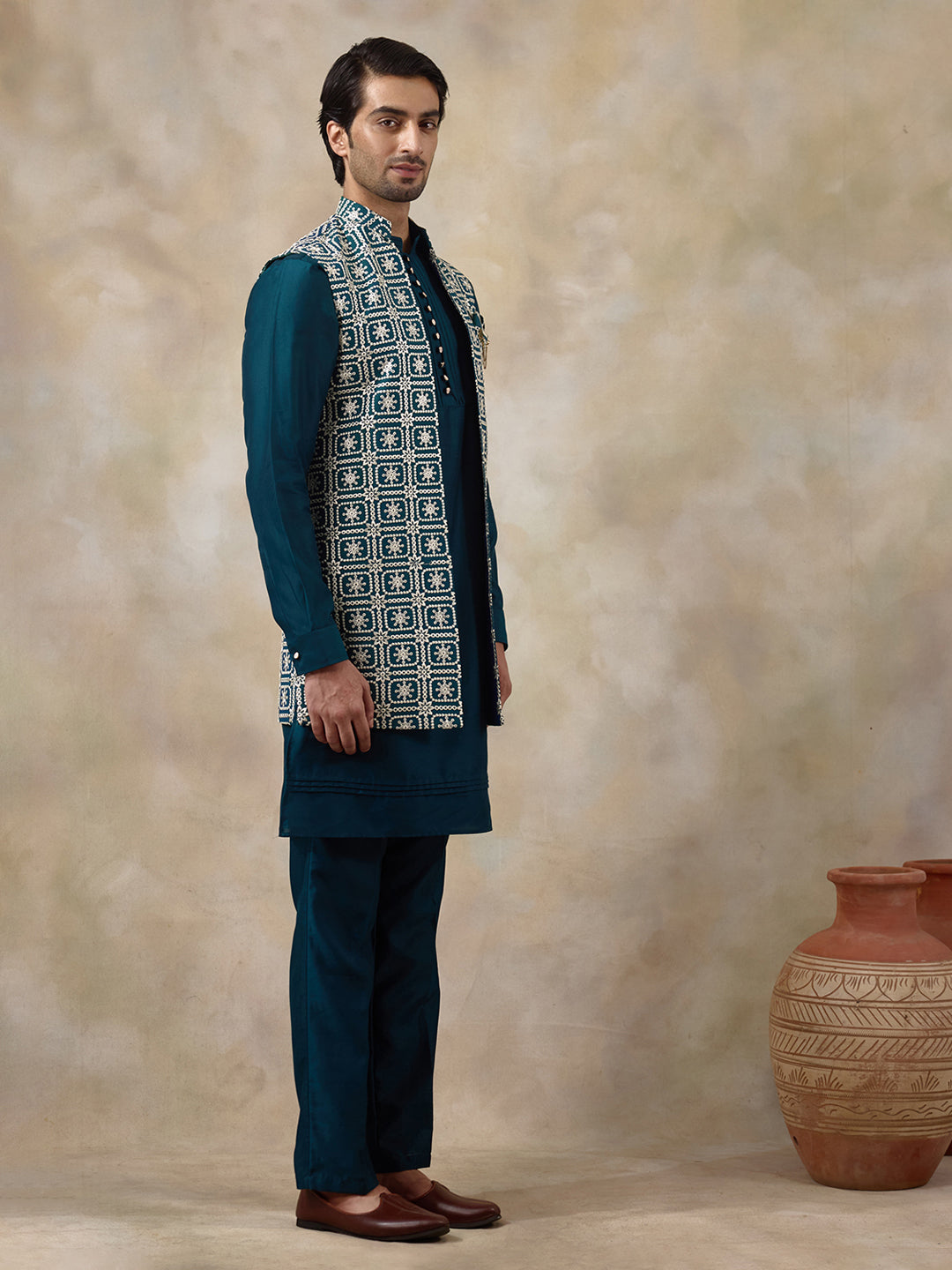 Elegant Turquoise Embroidered Men's Kurta Set with Long Jacket