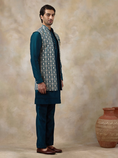 Elegant Turquoise Embroidered Men's Kurta Set with Long Jacket