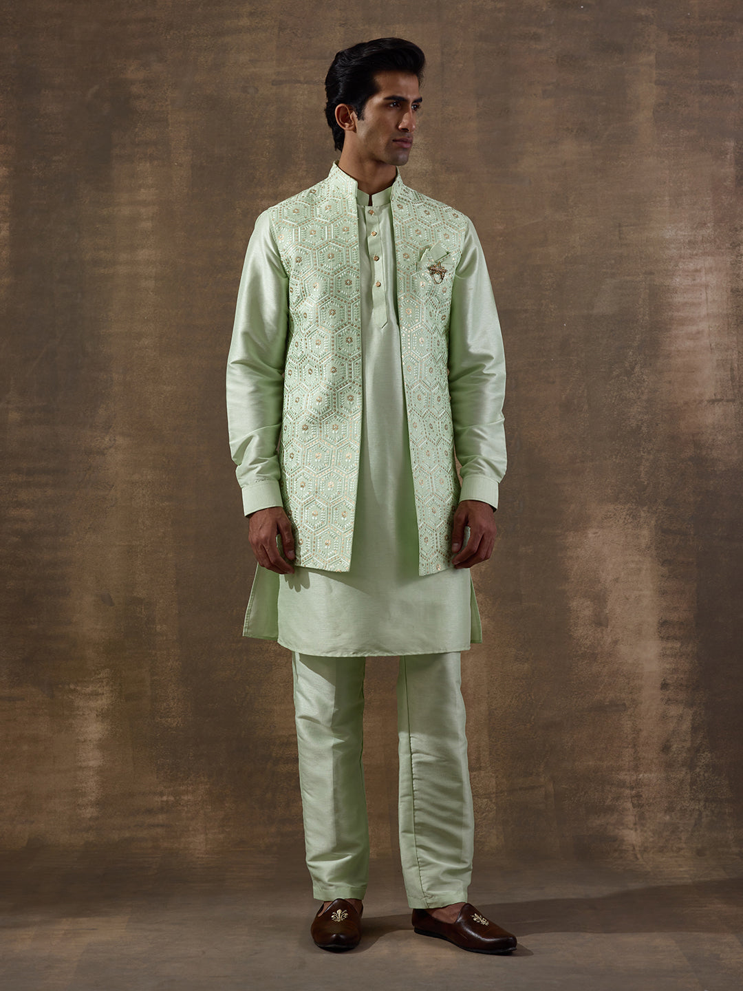 Light Green Geometric Sequinned Men's Kurta Set with Long Jacket