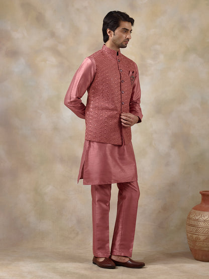 Coral Pink Embroidered Men's Kurta Set