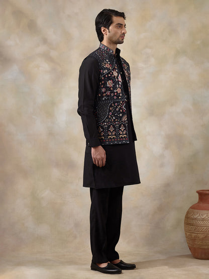 Majestic Black Floral Embroidered Men's Kurta Set with Long Jacket
