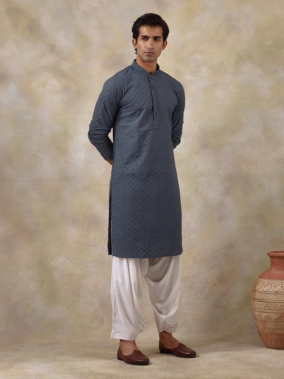 Gracious Grey Thread Work Men's Kurta with Pants
