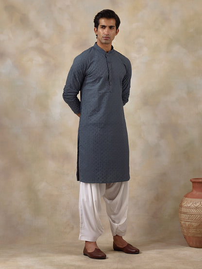 Gracious Grey Thread Work Men's Kurta with Pants