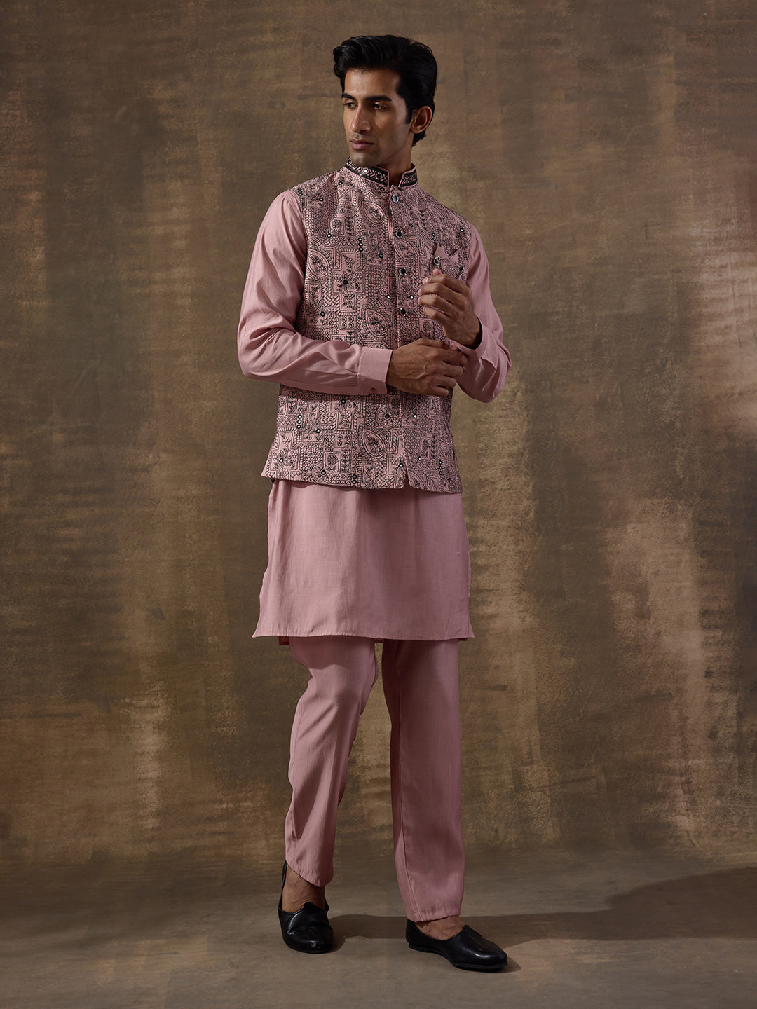 Peach Black Embroidered Men's Kurta Set
