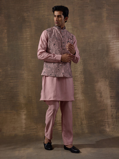 Peach Black Embroidered Men's Kurta Set