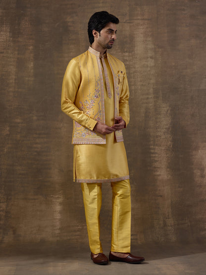 Sunshine Yellow Elephant Motifs Embroidered Kurta Set with Long Jacket