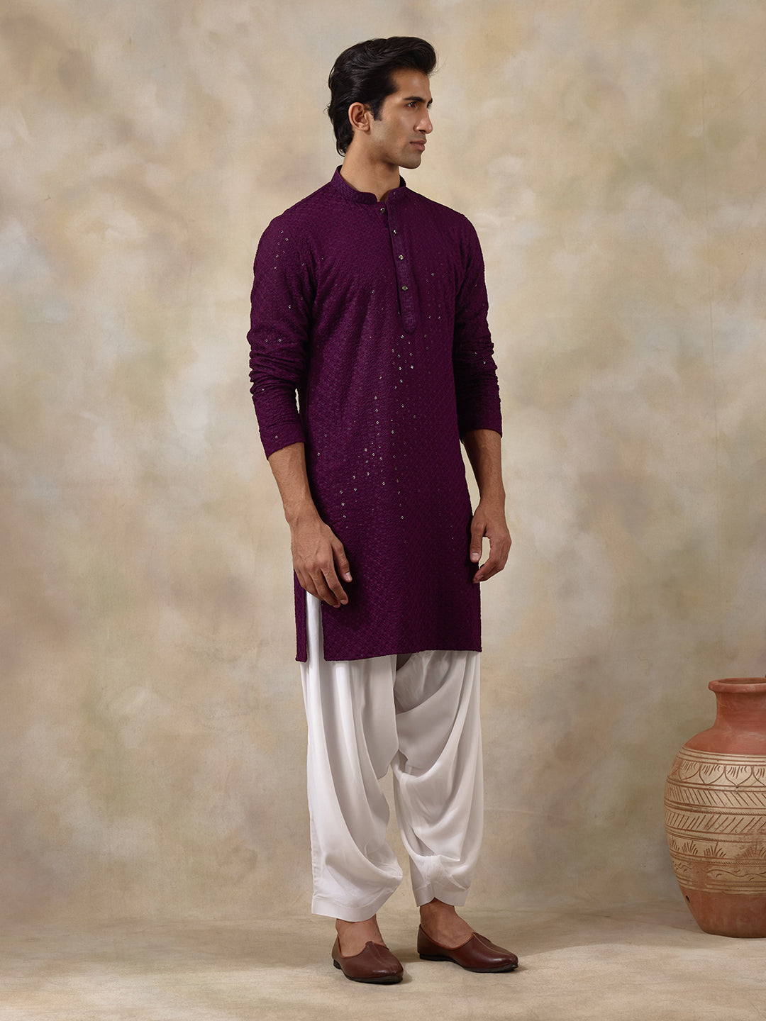 Plucky Purple Chikankari Men's Kurta with Pants