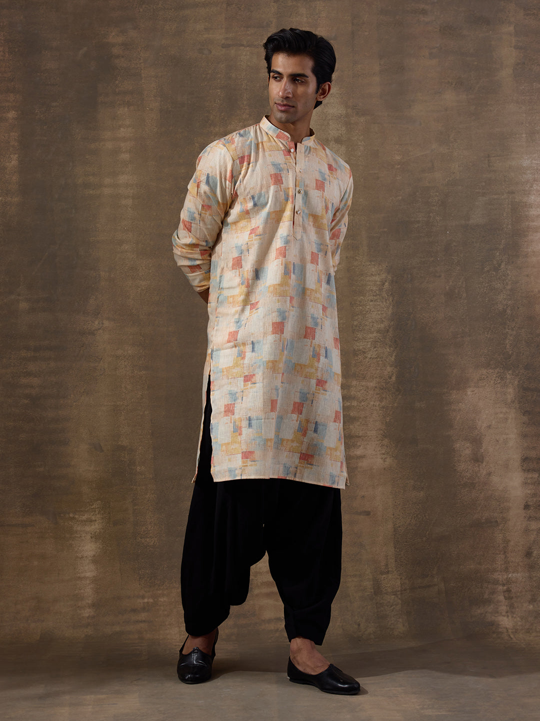 Light Yellow Abstract Printed Men's Kurta