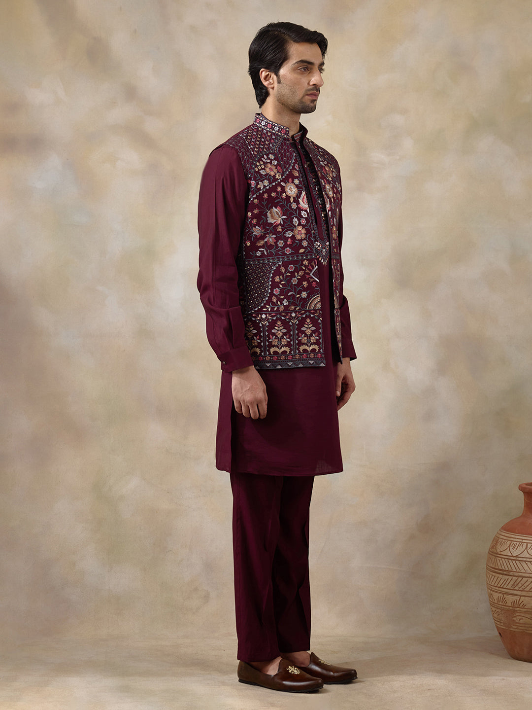 Deep Wine Floral Embroidered Men's Kurta Set with Long Jacket