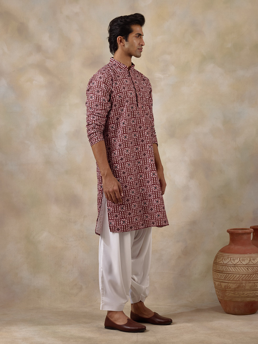 Radiant Maroon Batik Printed Men's Kurta