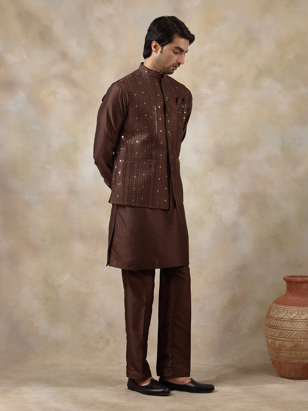 Coffee Brown Sequineed Men's Kurta Set