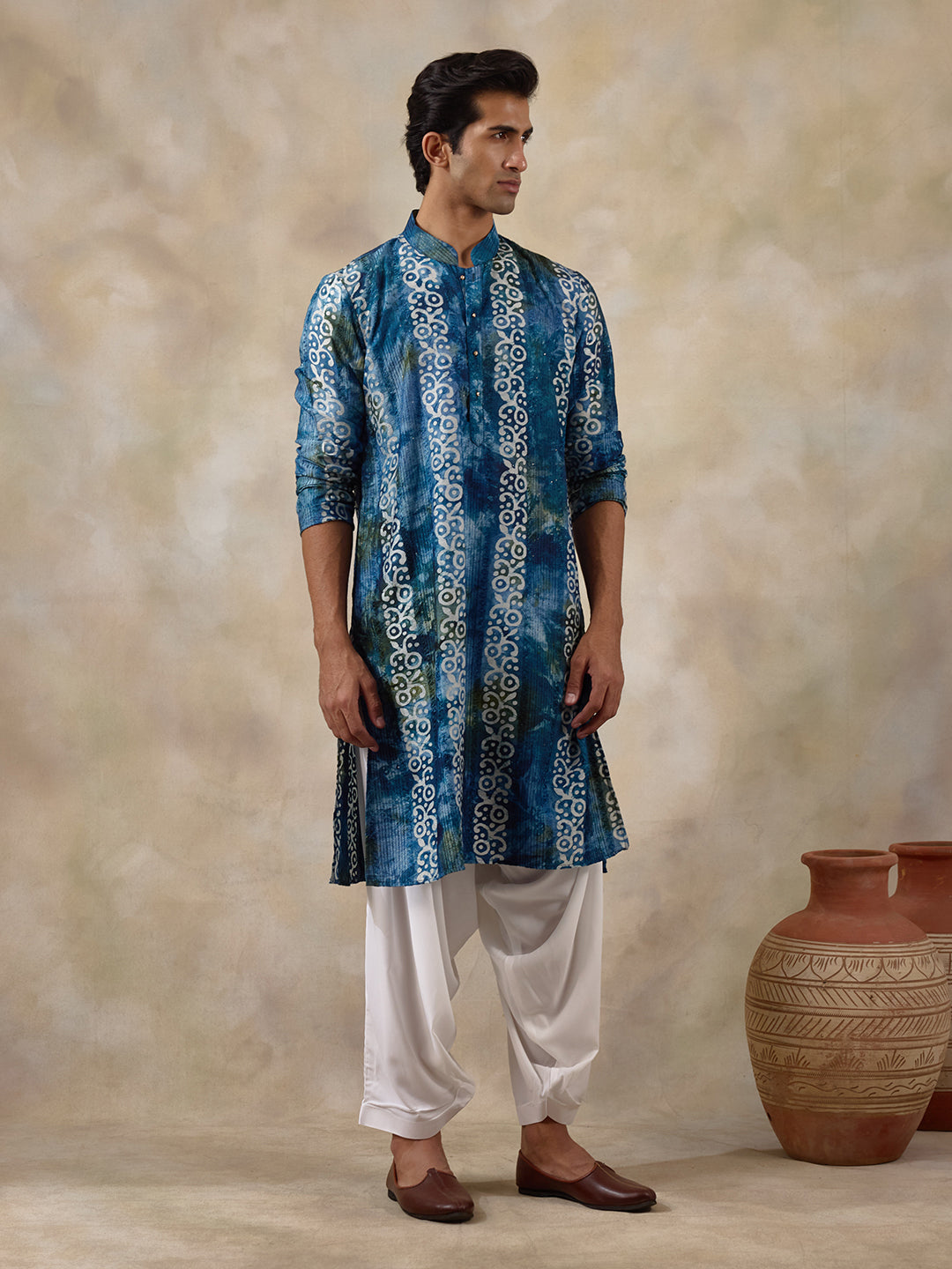 Vibrant Blue Batik Printed Men's Kurta