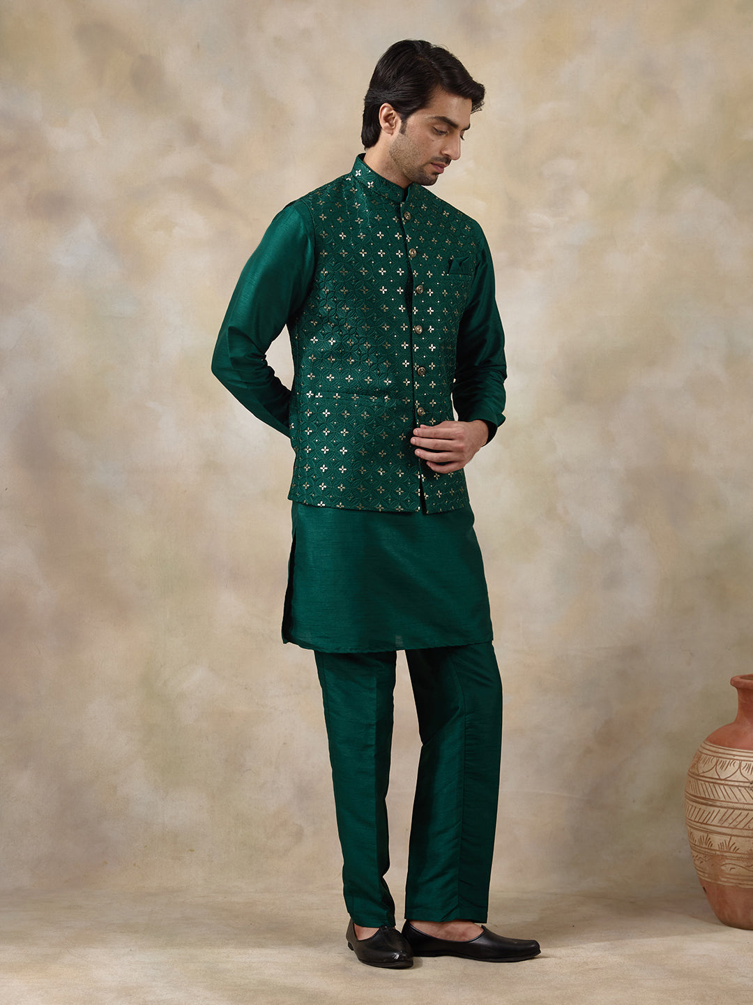 Bottle Green Motifs Sequinned Men's Kurta Set