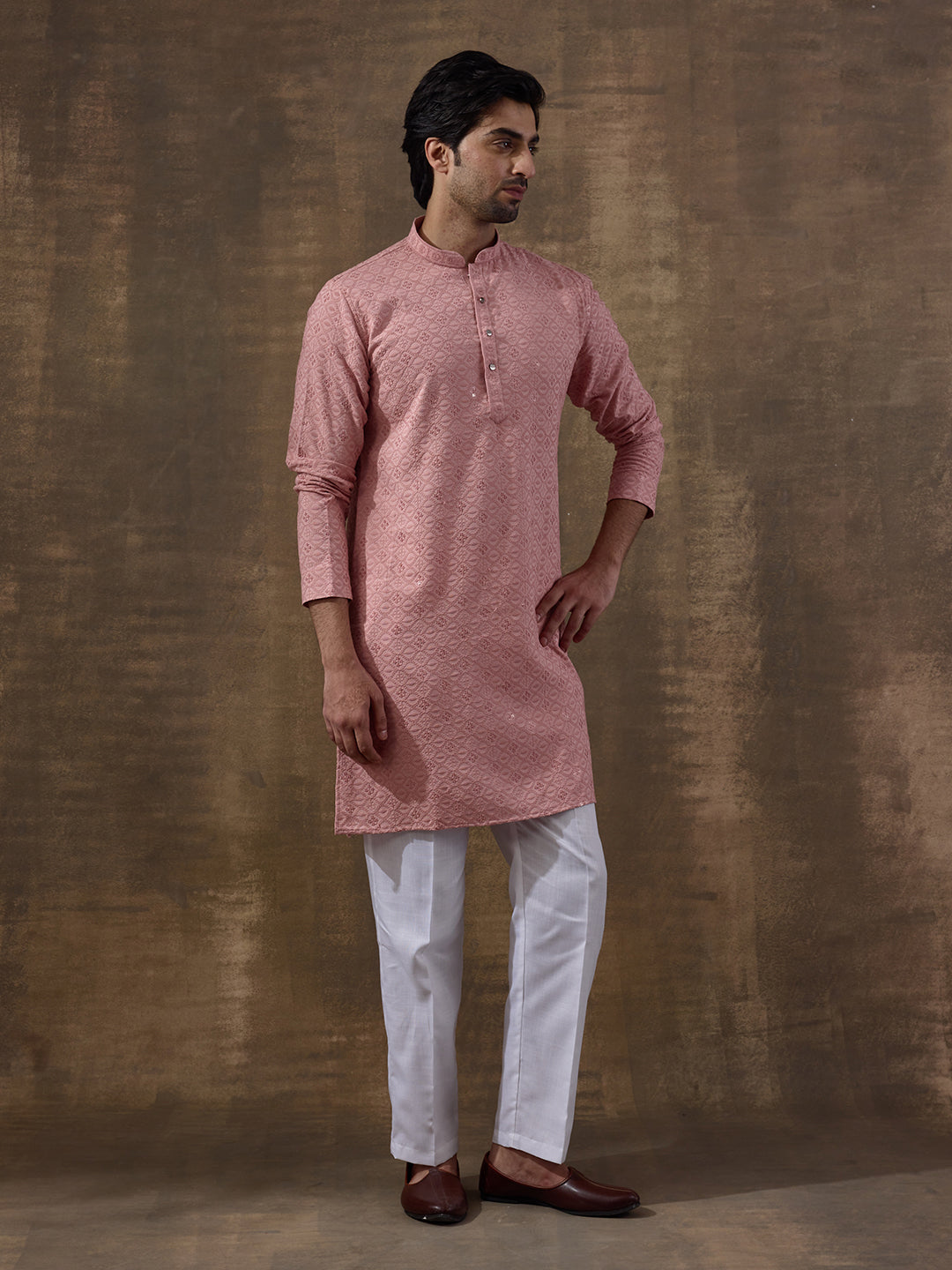 Pastel Pink Chikankari Men's Kurta with Pants
