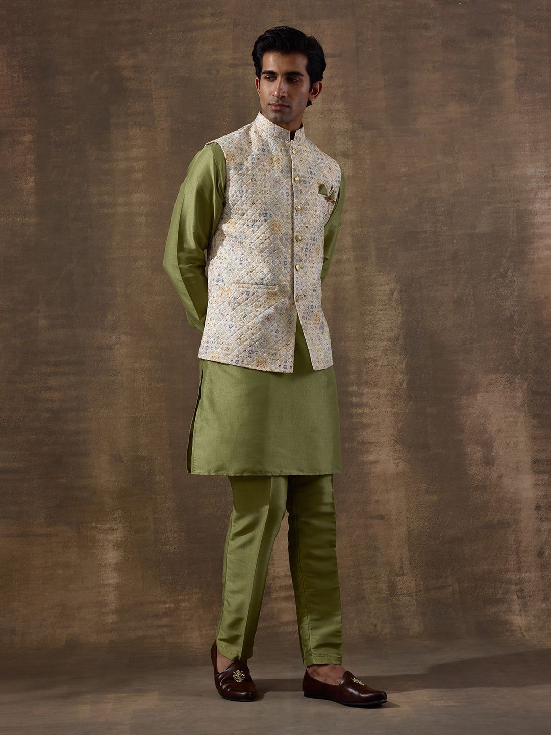 Light Olive Patterned Men's Kurta Set